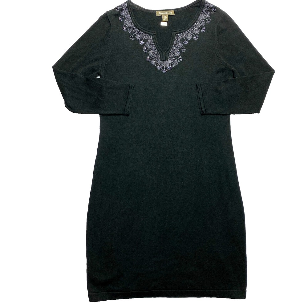 Tommy Bahama Knit Dress Womens Small Black Long Sleeve Beaded
